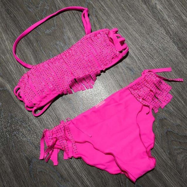 7-16 Years Tassel Child Girl Bikini Kids Swimsuit Two Piece Children Swimwear Solid Teenager Girl Bathing Suit Fringe Swim Wear