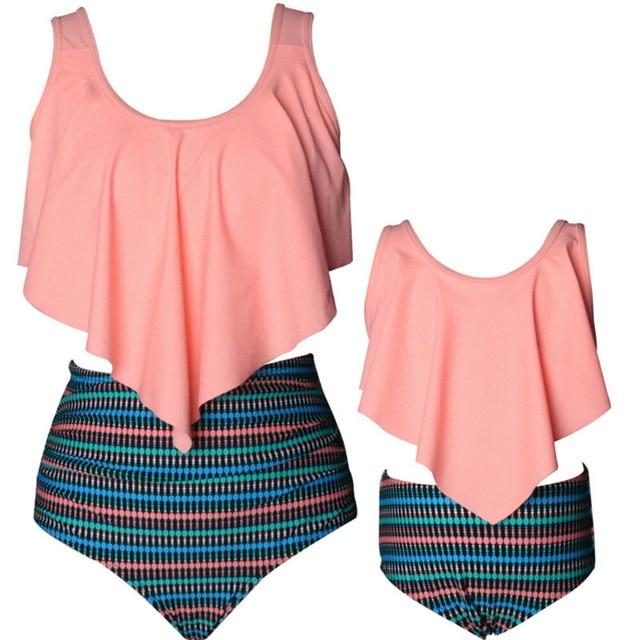 Family Matching Swimwear Mother Daughter Swimsuit Women Hight Waist Tankini Kids Girls Summer Swimming Bathing Suit Beachwear