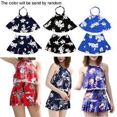 Women Two-piece Swimming Bikini Set Fashionable Padded Split Print Boxer Skirt Swimsuit Fresh Halter Swimwear Bathing Suit