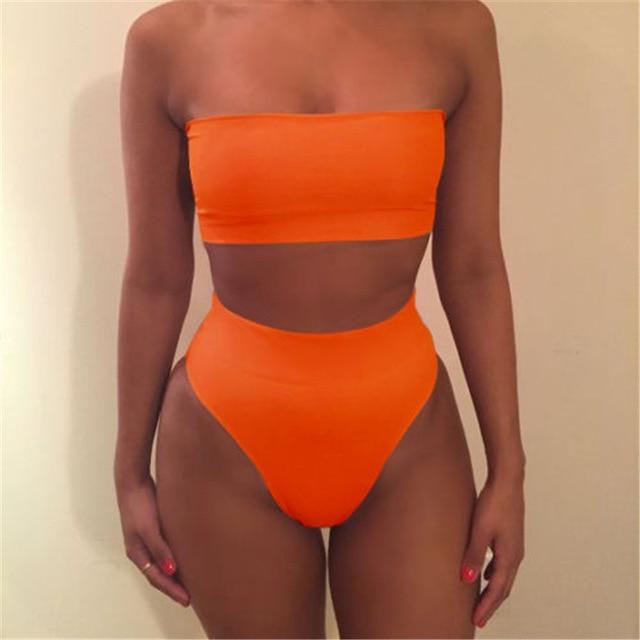 2018 Sexy Women Bikini Set Solid Strapless Bra High Waist Briefs Triangle Summer Swimsuit Swimwear Bathing Suit Swimming Costume