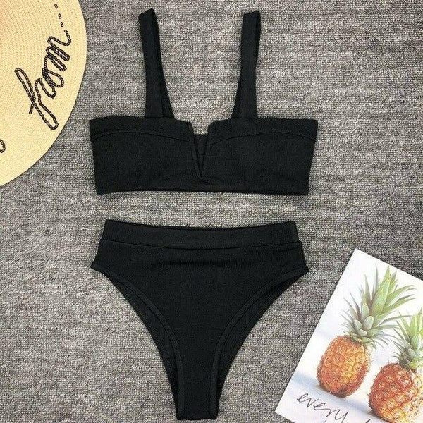 Women High Waist Two Piece Swimming Bikini Set Ladies Summer Sexy Solid Color Push Up Padded Swimsuit Beachwear Swimwear Bathing