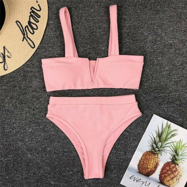 Women High Waist Two Piece Swimming Bikini Set Ladies Summer Sexy Solid Color Push Up Padded Swimsuit Beachwear Swimwear Bathing