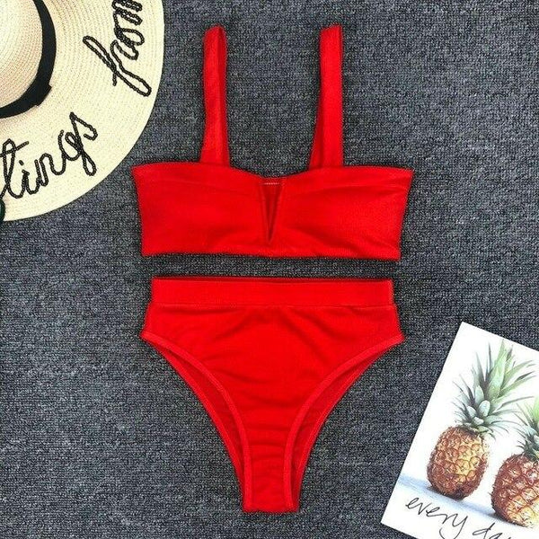 Women High Waist Two Piece Swimming Bikini Set Ladies Summer Sexy Solid Color Push Up Padded Swimsuit Beachwear Swimwear Bathing