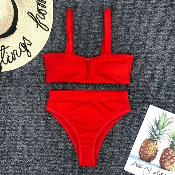 Women High Waist Two Piece Swimming Bikini Set Ladies Summer Sexy Solid Color Push Up Padded Swimsuit Beachwear Swimwear Bathing