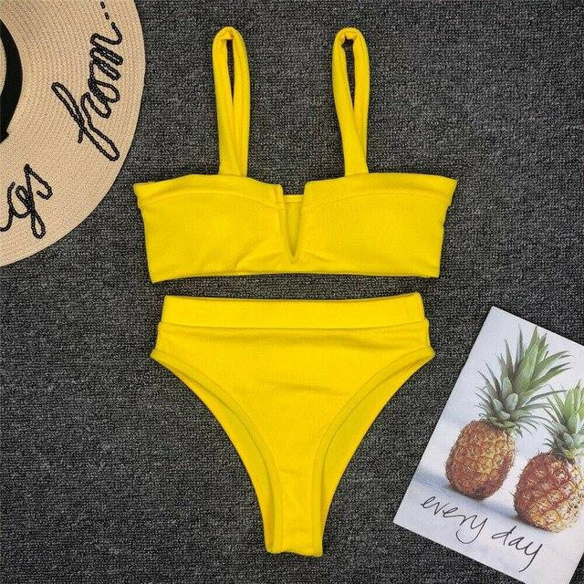 Women High Waist Two Piece Swimming Bikini Set Ladies Summer Sexy Solid Color Push Up Padded Swimsuit Beachwear Swimwear Bathing