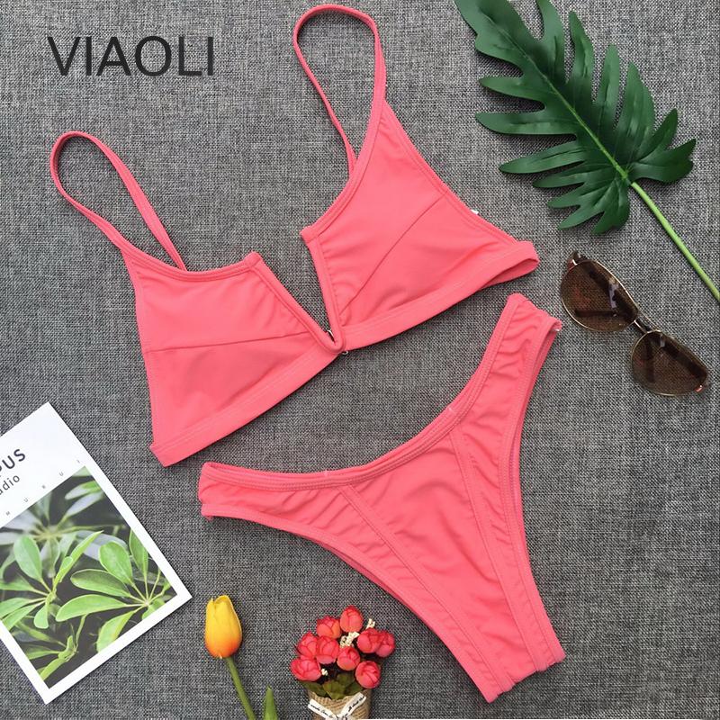 Push up Bikini mid Waist Split Swimsuit Solid Swimwear Women Female Brazilian Women's Swimming Suit Beach Bathing Suits