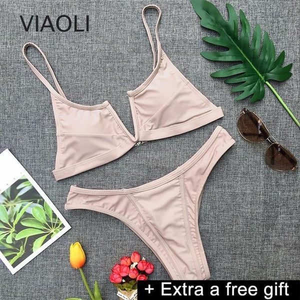 Push up Bikini mid Waist Split Swimsuit Solid Swimwear Women Female Brazilian Women's Swimming Suit Beach Bathing Suits