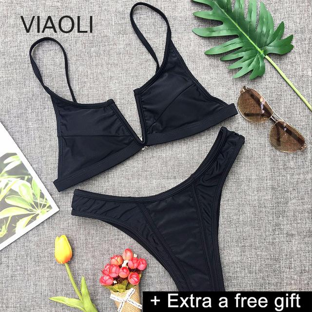 Push up Bikini mid Waist Split Swimsuit Solid Swimwear Women Female Brazilian Women's Swimming Suit Beach Bathing Suits