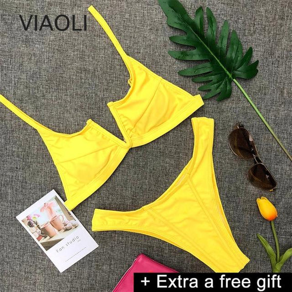 Push up Bikini mid Waist Split Swimsuit Solid Swimwear Women Female Brazilian Women's Swimming Suit Beach Bathing Suits