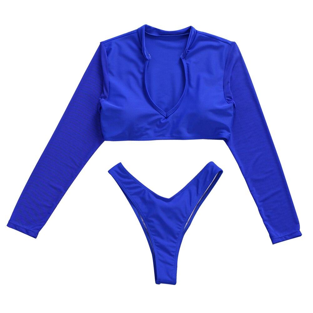 Summer Girls Women Swimwear Two Piece Holiday Solid Mesh Swimming Sexy Padded Long Sleeve Fashion Beachwear Bikini