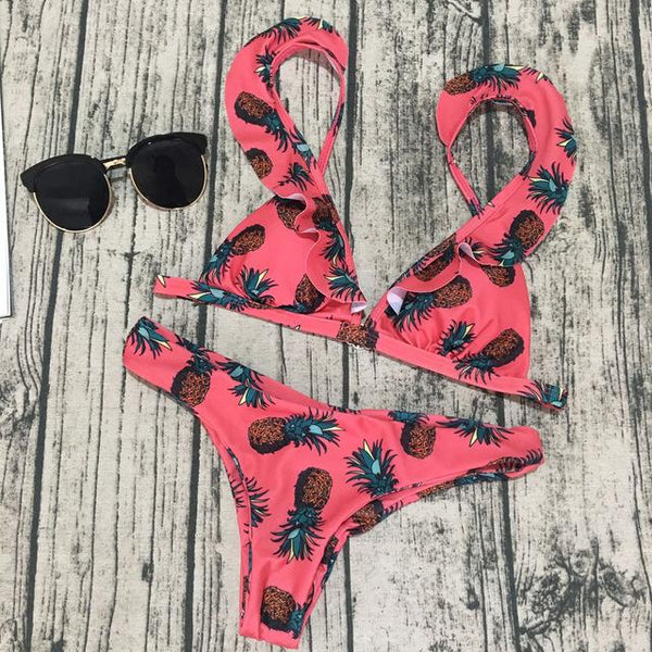 Women Floral Print Women Sexy Solid Bikini 2019 Bikini Set Swimming Two Piece Swimsuits Swimwear Beach Suit Women *0.9