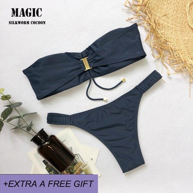 2019 New Bikini Set Solid Swimwear Women Sexy Bandeau Swimsuit Low Waist Thong Bathing Suit Beach Biquni Swimming Suit Green Red