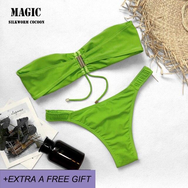 2019 New Bikini Set Solid Swimwear Women Sexy Bandeau Swimsuit Low Waist Thong Bathing Suit Beach Biquni Swimming Suit Green Red