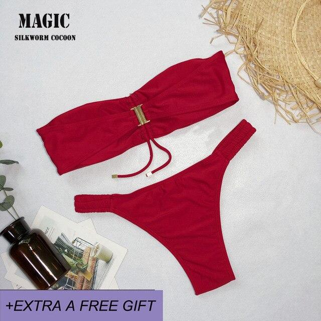 2019 New Bikini Set Solid Swimwear Women Sexy Bandeau Swimsuit Low Waist Thong Bathing Suit Beach Biquni Swimming Suit Green Red