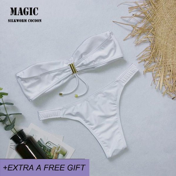 2019 New Bikini Set Solid Swimwear Women Sexy Bandeau Swimsuit Low Waist Thong Bathing Suit Beach Biquni Swimming Suit Green Red