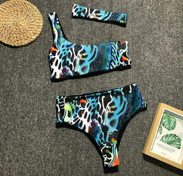 Summer Beach Leopard Print Womens Swimming Costume One Shoulder High Waist Bikini Set Swimwear Swimsuit Bathing Suit Beachwear