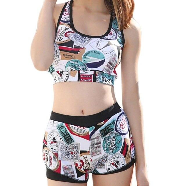High Waist Flexible Boxer Swimsuit Women Padded Split Swimming Set Print Crop Top Shorts Bikini Two-piece Swimwear Beachwear