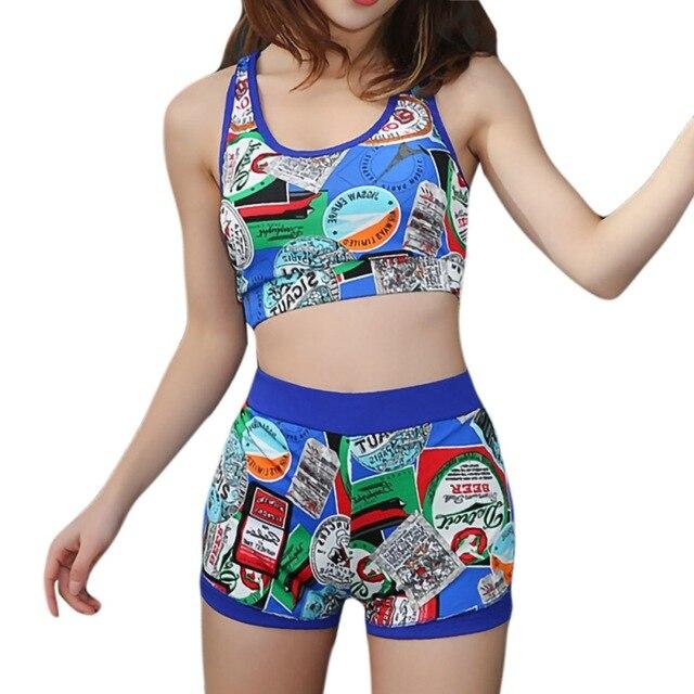 High Waist Flexible Boxer Swimsuit Women Padded Split Swimming Set Print Crop Top Shorts Bikini Two-piece Swimwear Beachwear