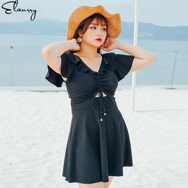 2019 Swimming Suit For Women Plus Size Swimwear Ladies Modest Swimsuit Solid Padded Skirted Bathing Suit Beach Dress Maillot