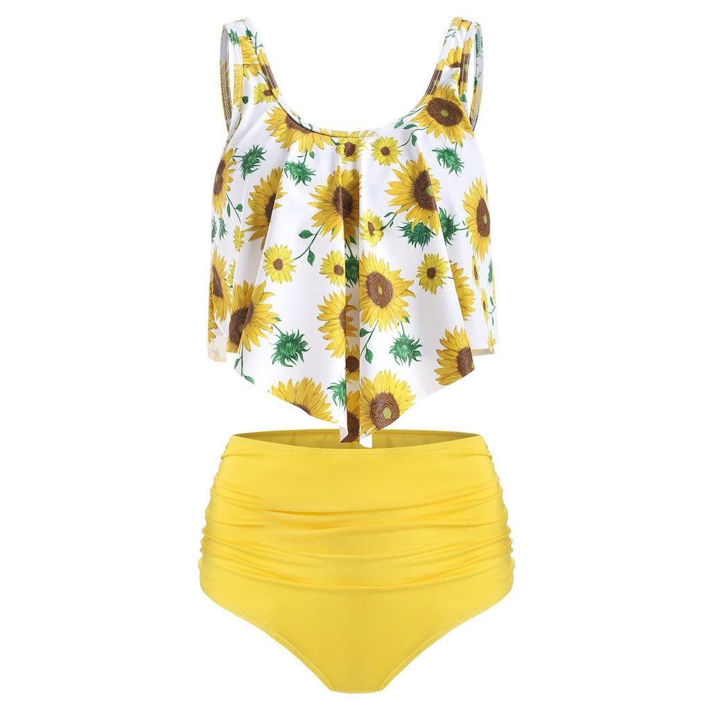2019 New Two Piece Tankini Swimsuits Women Sunflower Print Plus Size Swimwear Women High Waist Bikini Bottom Swimming suit