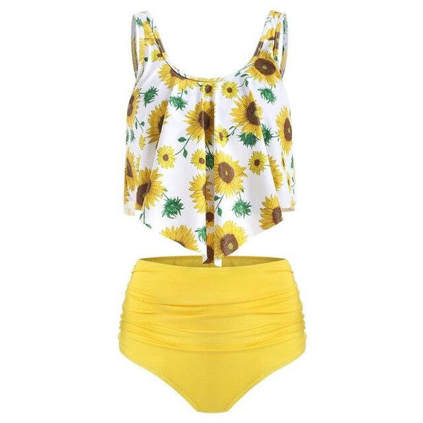 2019 New Two Piece Tankini Swimsuits Women Sunflower Print Plus Size Swimwear Women High Waist Bikini Bottom Swimming suit