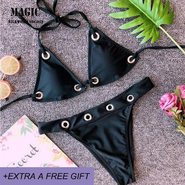 Metal lock design high quality two piece bikini set 2019 new solid bandage swimsuit women low waist thong swimwear swimming suit