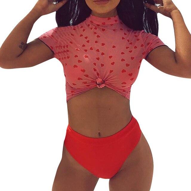 3PCS Cute Love Print 2019 Women Bikini set Sport knot Short Sleeve Monokini Swim Wear High waist Swimsuit brazilian Beachwear