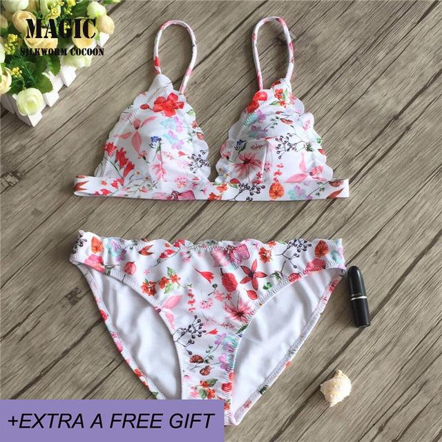 Youth Girl Bikini Set 2018 New Lace Sexy Floral Print Swimwear Women's Swimming Suit Cute Swimsuit Beach Play Swimsuit Vacation