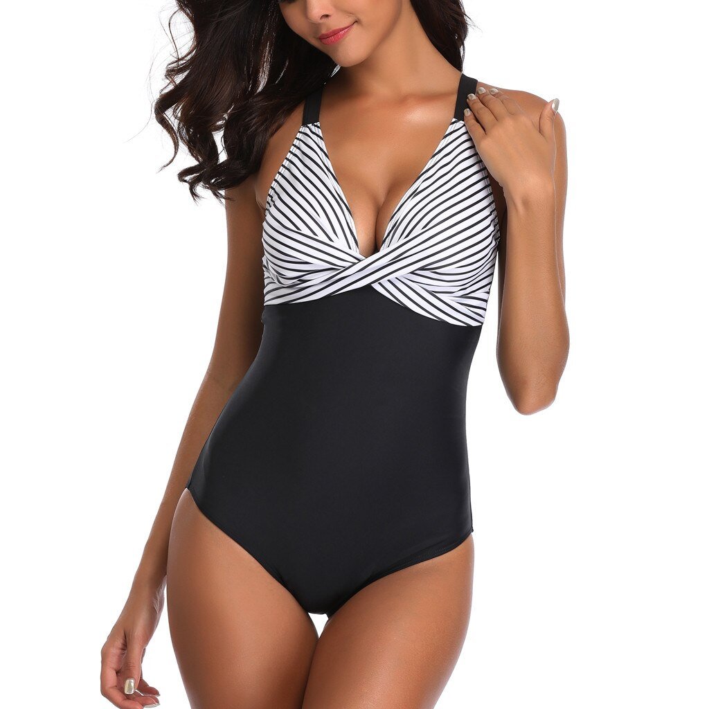 2019 New Fashion Summer Vacation Holiday Party Beach Swimming Women Siamese Bikini Set Push-Up StripeSwimwear Swimsuit