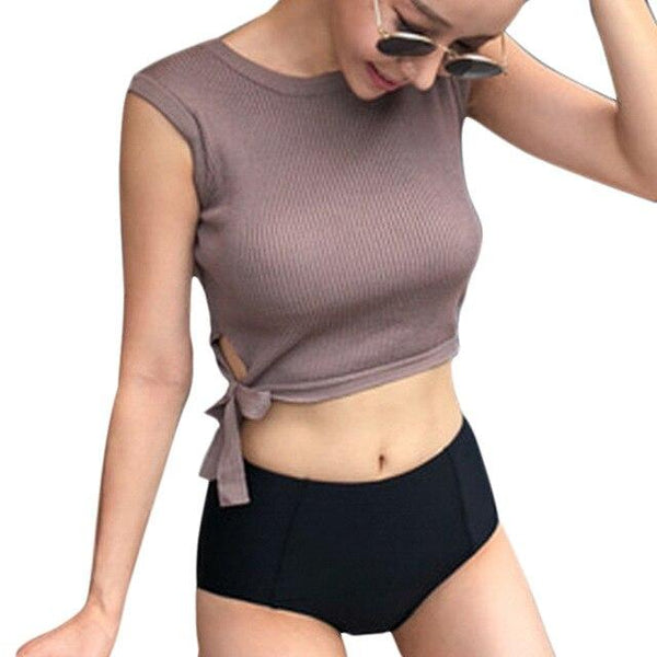 2019 Women's Two Pieces Swim Suit Solid High Waist Bottom Swimwear Beachwear Bathing Suit Girls Swimwear