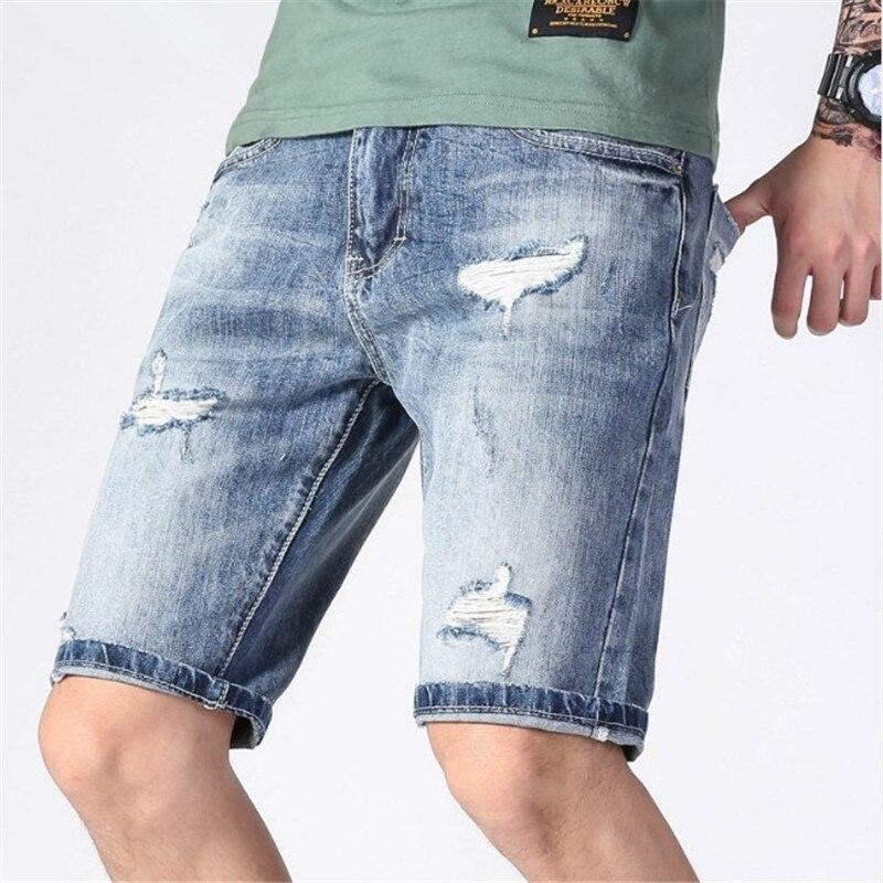 New Arrival Men's Summer Light Blue Jeans Shorts Fashion Casual Slim Fit Hole Ripped Brand Denim Shorts Male Hollow Out Shorts