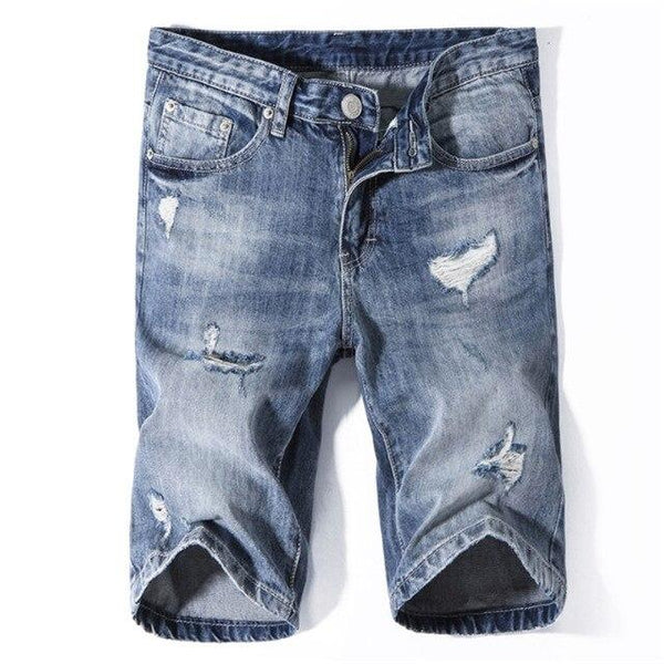 New Arrival Men's Summer Light Blue Jeans Shorts Fashion Casual Slim Fit Hole Ripped Brand Denim Shorts Male Hollow Out Shorts