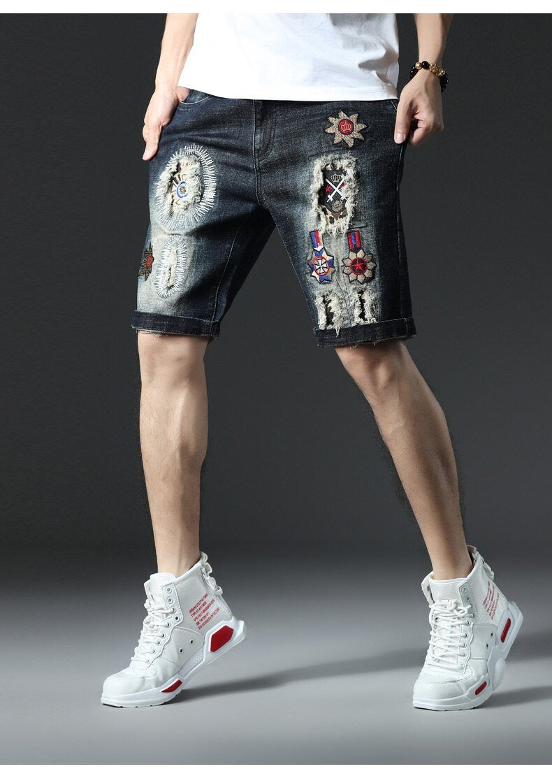 Summer Denim Shorts Mens Embroidered Badge Jeans Bermuda Ankle Ripped Loose Shorts