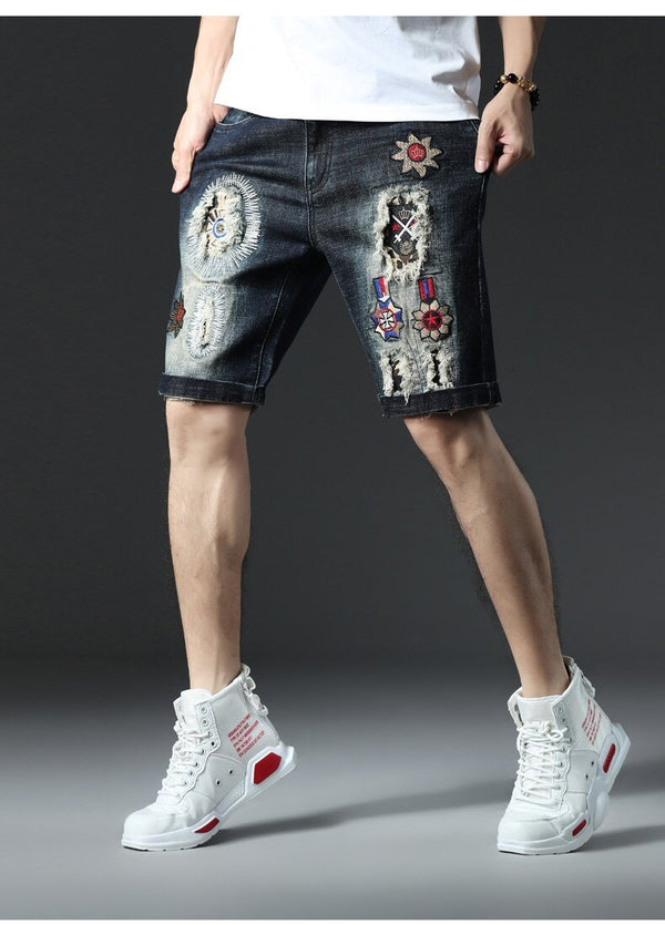 Summer Denim Shorts Mens Embroidered Badge Jeans Bermuda Ankle Ripped Loose Shorts