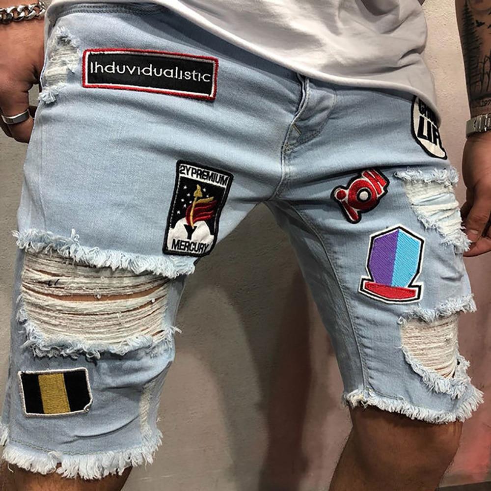 AudWhale Summer Embroidery Men's Denim Shorts Ripped Hole Straight Jeans Shorts For Men Mid Waist Summer Men's Shorts