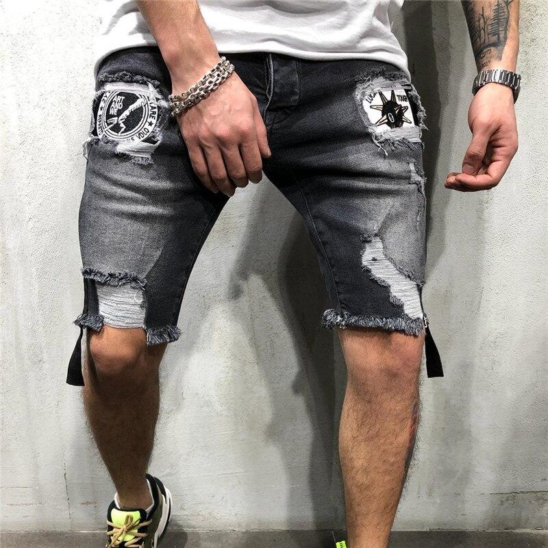 Men Hole Casual Ripped Short Jeans Male Clothing Summer Slim Tassel Breathable Jeans Shorts Hip hop Badge Denim Shorts Plus size