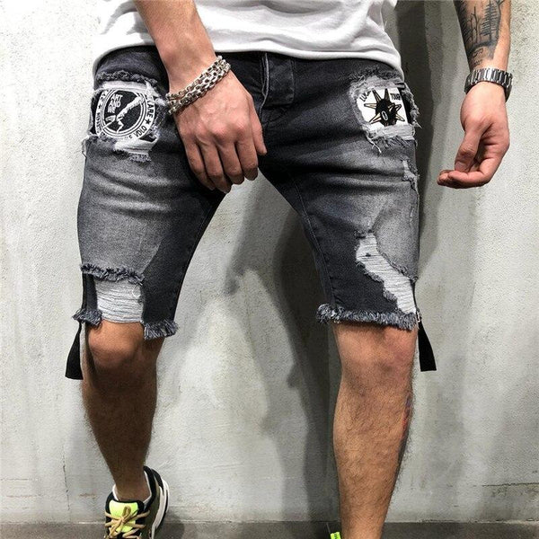 Men Hole Casual Ripped Short Jeans Male Clothing Summer Slim Tassel Breathable Jeans Shorts Hip hop Badge Denim Shorts Plus size