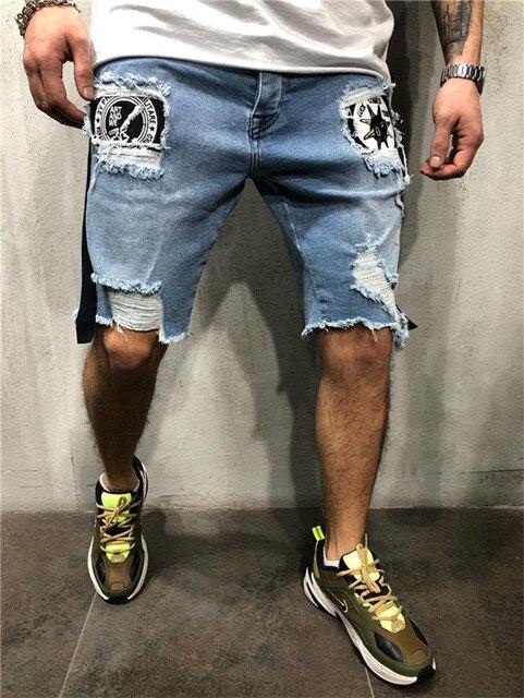 Men Hole Casual Ripped Short Jeans Male Clothing Summer Slim Tassel Breathable Jeans Shorts Hip hop Badge Denim Shorts Plus size