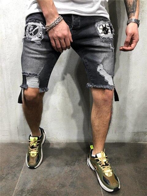 Men Hole Casual Ripped Short Jeans Male Clothing Summer Slim Tassel Breathable Jeans Shorts Hip hop Badge Denim Shorts Plus size