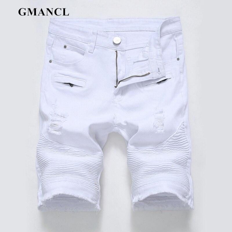 Hot Summer Men white red Moto Denim Short Streetwear Hip hop male Casual Ripped Loose Straight Knee Length biker Jeans Shorts