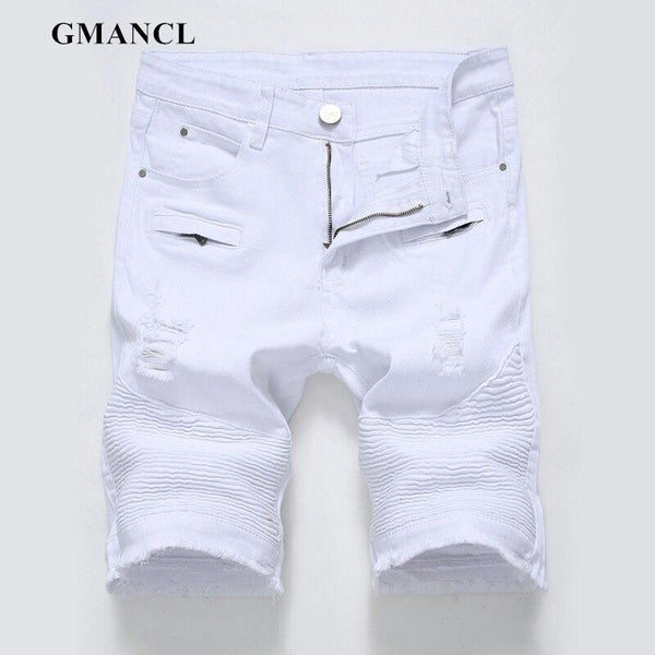 Hot Summer Men white red Moto Denim Short Streetwear Hip hop male Casual Ripped Loose Straight Knee Length biker Jeans Shorts