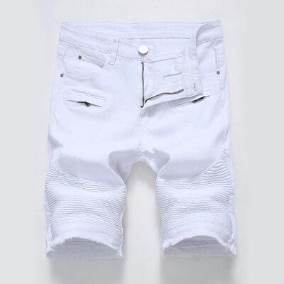 Hot Summer Men white red Moto Denim Short Streetwear Hip hop male Casual Ripped Loose Straight Knee Length biker Jeans Shorts