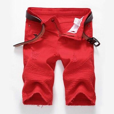 Hot Summer Men white red Moto Denim Short Streetwear Hip hop male Casual Ripped Loose Straight Knee Length biker Jeans Shorts