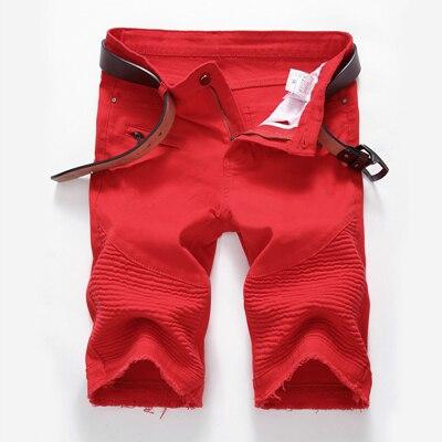 Hot Summer Men white red Moto Denim Short Streetwear Hip hop male Casual Ripped Loose Straight Knee Length biker Jeans Shorts