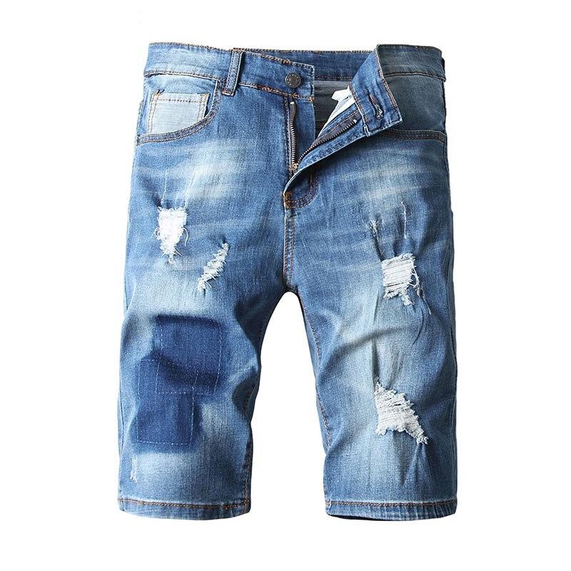 Mcikkny Retro Fashion Ripped Holes Denim Shorts Washed Slim Fit Stretch Short Jeans For Man Straight Size 28-36
