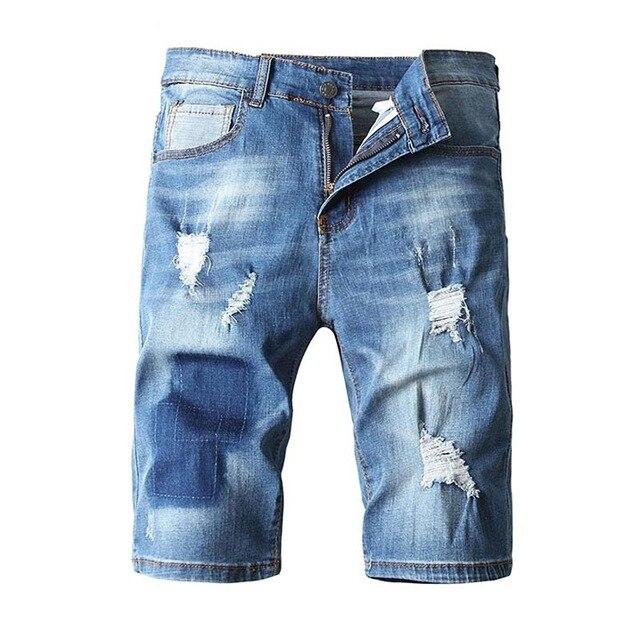 Mcikkny Retro Fashion Ripped Holes Denim Shorts Washed Slim Fit Stretch Short Jeans For Man Straight Size 28-36