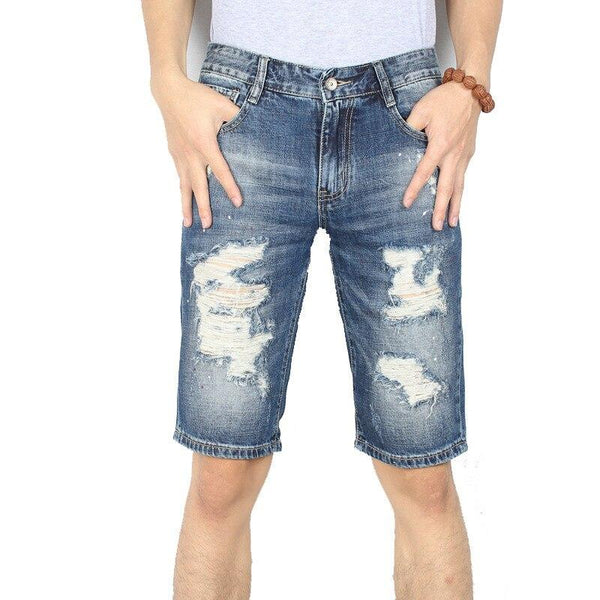 MORUANCLE New Mens Summer Ripped Denim Shorts Distressed Destroyed Short Jeans For Man Washed Blue Size 28-36 Knee Length