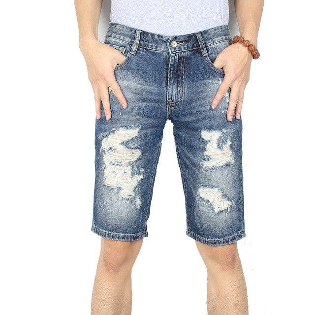 MORUANCLE New Mens Summer Ripped Denim Shorts Distressed Destroyed Short Jeans For Man Washed Blue Size 28-36 Knee Length