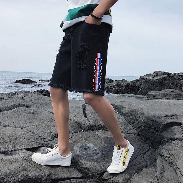 Plus Size 5XL Jeans Male Summer 2019 Korean Fashion Streetwear Distressed Casual Shorts Hole Ripped Slim Knee Length Trouser Man