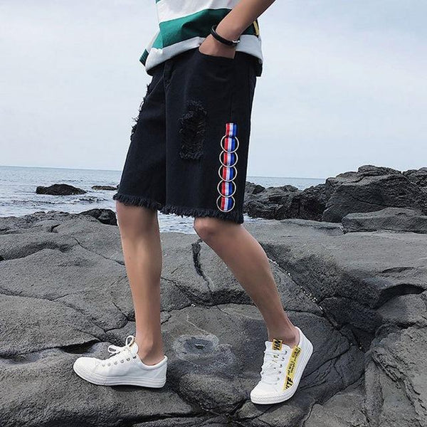 Plus Size 5XL Jeans Male Summer 2019 Korean Fashion Streetwear Distressed Casual Shorts Hole Ripped Slim Knee Length Trouser Man